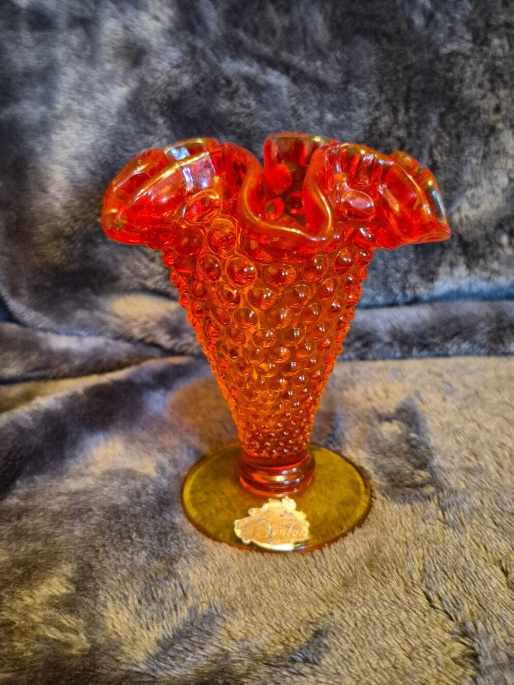 Vintage Fenton Glass Hobnail Mini Ruffled Trumpet Vase Amberina Orange/Yellow